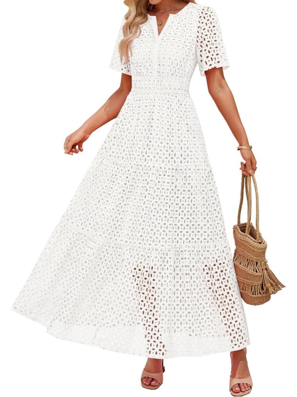 Women's White Summer Short Sleeve High Neck V Neck Eyelet A Line Maxi Dresses